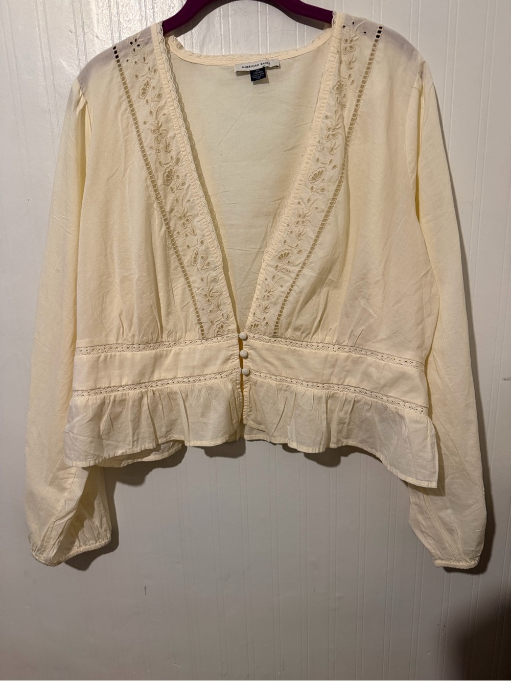 Cream Embroidered V-Neck Peplum Blouse XXL